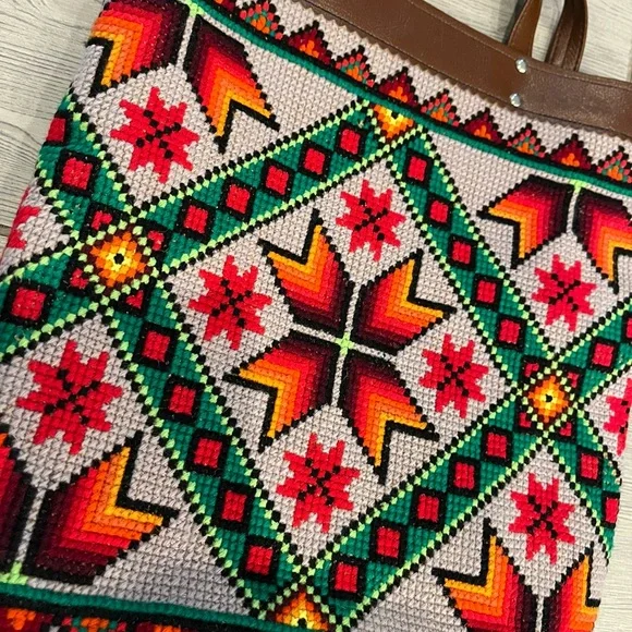 Colorful Geometric Cross-stitch Aztec Patterned Tote Bag with Brown Accents - Picture 8 of 14